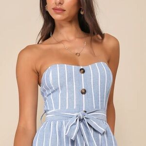 Lulu's Light Blue and White Strapless Jumpsuit